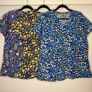 BUNDLE of 3 Divine Design Scrub Tops Peacock Floral Womens Large Medical Uniform